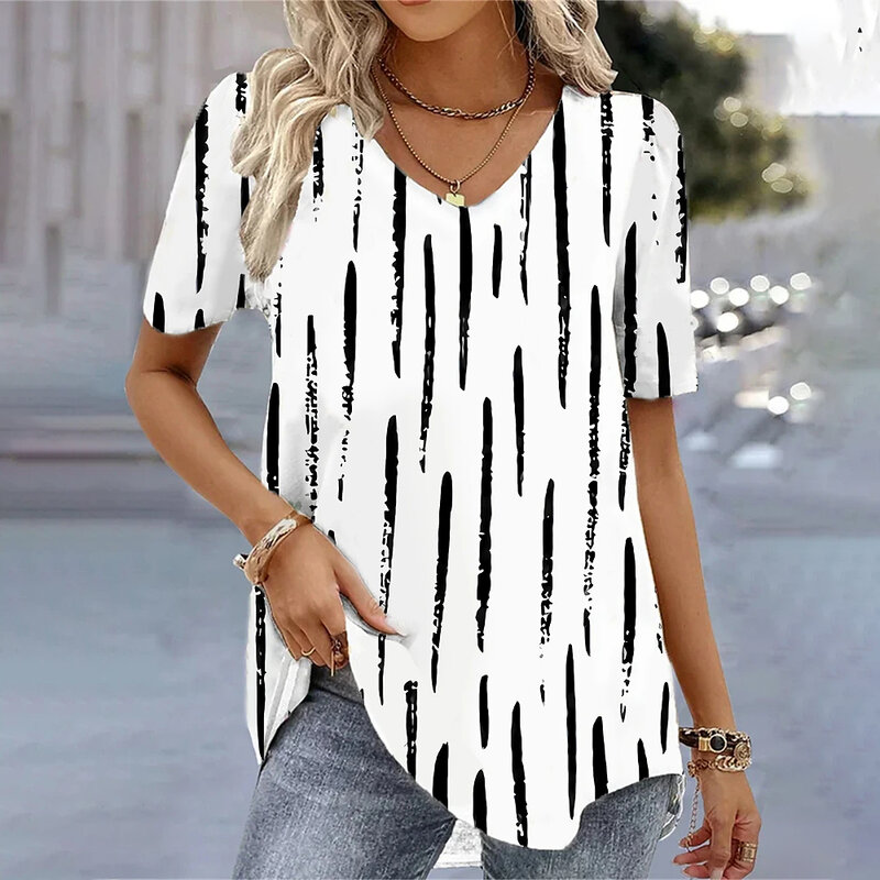 New Women's T-Shirt Summer V-Neck Tee Loose Casual Top Stripes Funny Printed Female Clothing Streetwear Pullover T Shirts Women