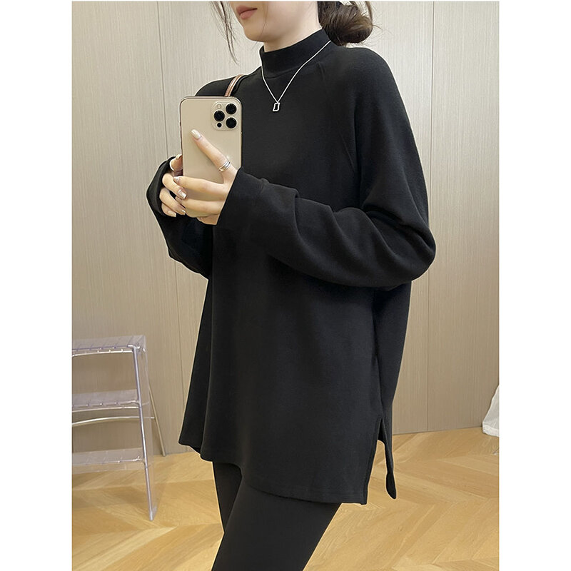 Fashion Stand Collar Loose Korean Solid Color T-Shirt Women's Clothing 2023 Winter Oversized Casual Tops Commuter Tee Shirt