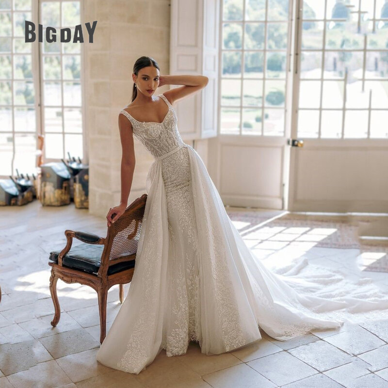 Exquisite Wedding Dress For Woman 2024 Square-Neck A-Line Lace Appliques Sequins Bridal Gown Tulle Sweep Train Vestidos De Novia