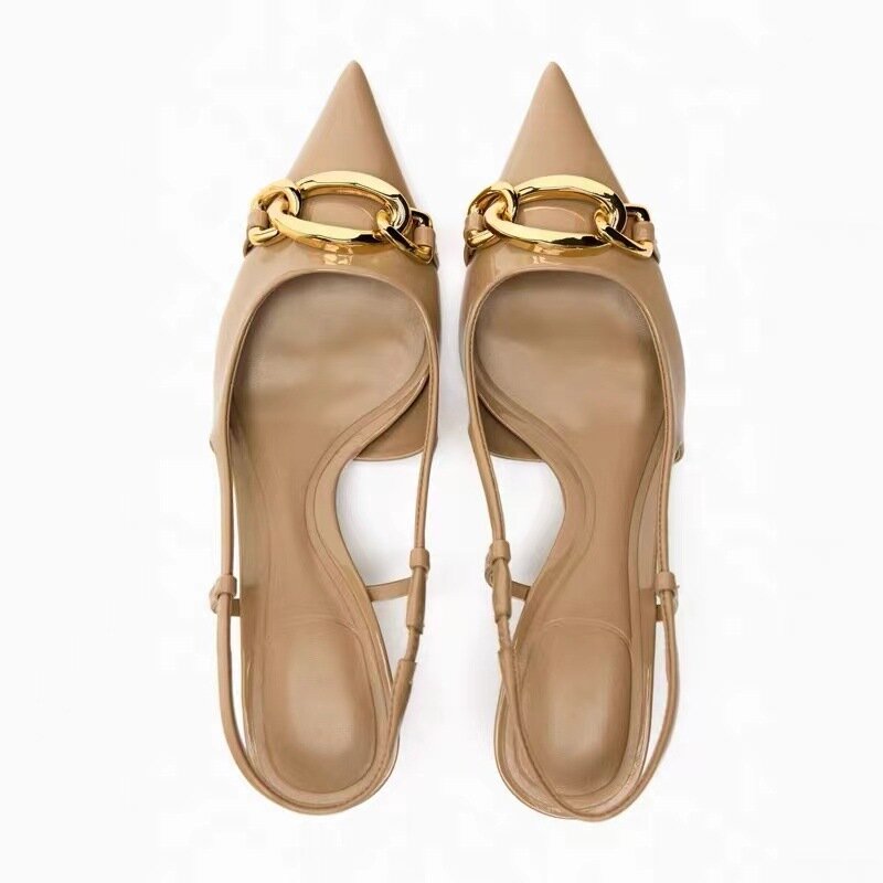 2024 Summer New Women's Shoes Beige Chain Decoration Cat Heel Open Heel Muller Shoes Pointed Shallow Mouth High Heel Cool Shoes