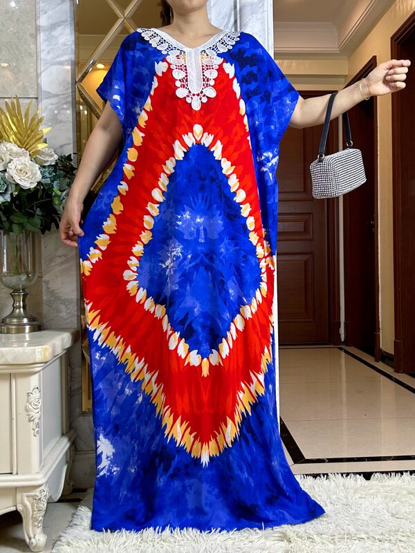 2024New damska letnia sukienka trwała bawełna krótki rękaw luźna suknia w stylu Maxi kwiatowa Femme Musulmane afrykański Dashiki z nadrukiem sukienka kwiatowa