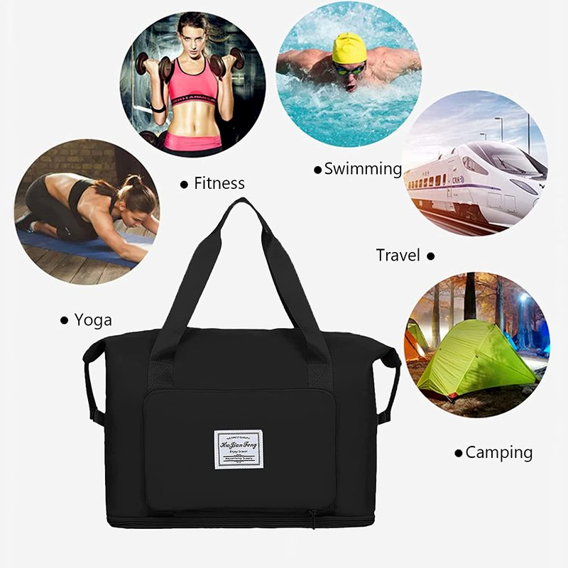 Large Capacity Folding Travel Bag Portable Lightweight Waterproof Oxford Duffel Fabric Bag Dry Wet Separation Shoulder Bag