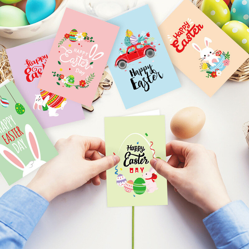 Tarjetas y sobres de feliz Pascua, pegatinas de dibujos animados, conejo, conejo, suministros de fiesta de Pascua, tarjetas de agradecimiento, Postales de felicitación, 6 unidades por juego