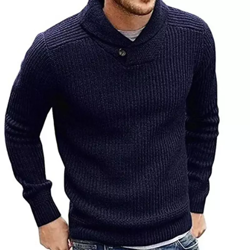 Suéter de malha macia masculina, gola lapela, cor sólida grossa, tops masculinos de malha, roupas da moda, outono e inverno