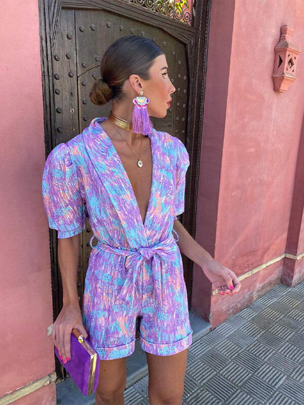 Fashion Tie-dye Printed Lace Up Jumpsuits Women Casual V-neck Short Sleeve Bodysuits 2024 Chic Office Lady Vacation Streetwear