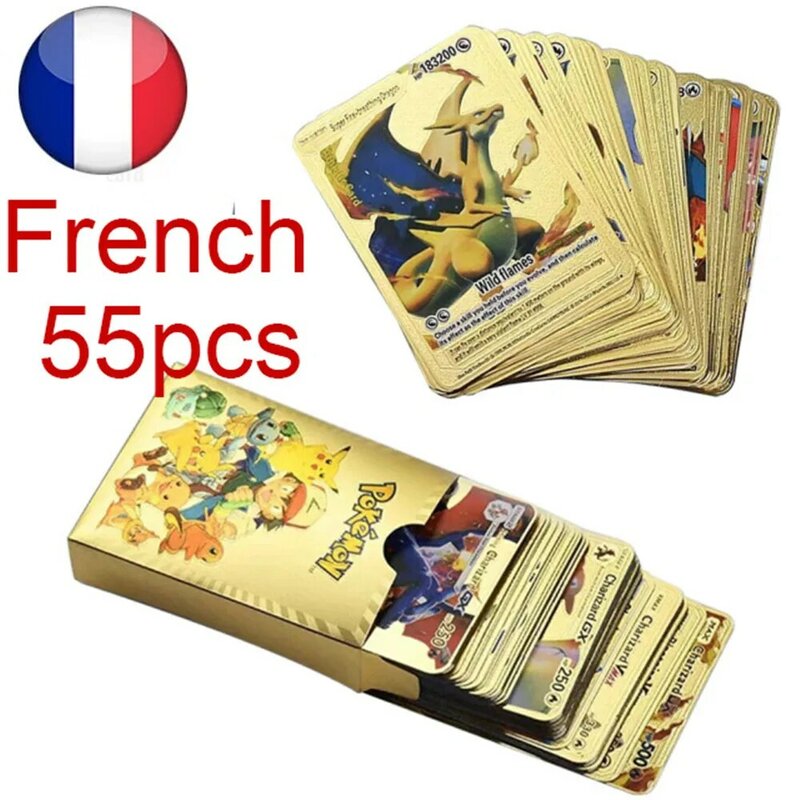 Cartas Douradas Pokémon Francesas, Letras Douradas, Caixa de Cartão de Jogo Charizard Vmax Gx Series, 55 Unidades