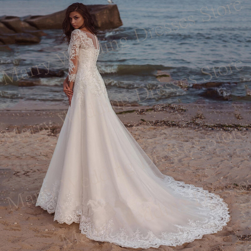Modische schöne v-Ausschnitt Brautkleider faszinierende Spitze Applikationen eine Linie Tüll Brautkleider Langarm Vestidos de Novia