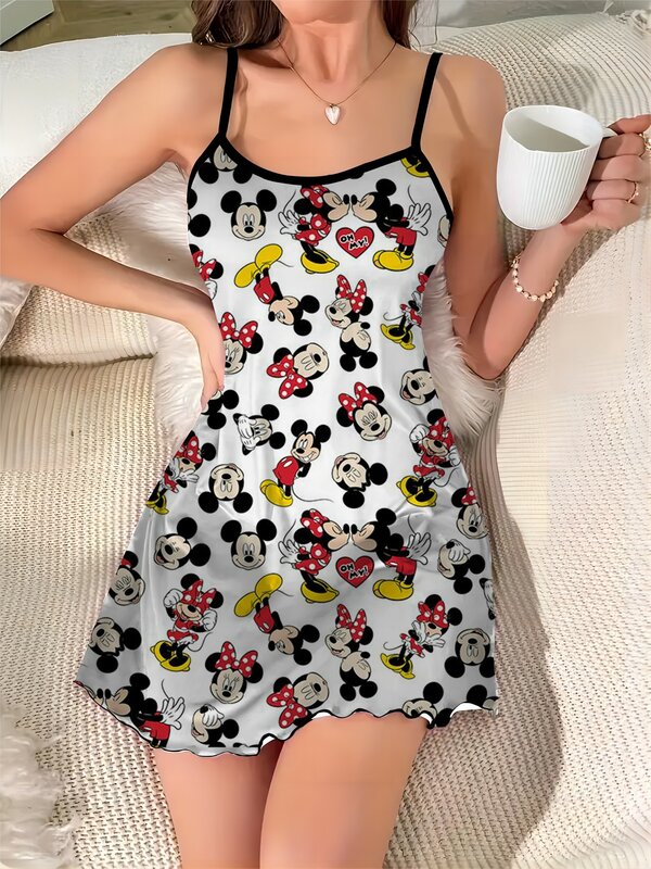 Vestido Sexy de Mickey y Disney, falda de pijama de superficie de satén con cuello redondo y ribete de lechuga de Minnie Mouse, elegante y a la moda para verano, 2024