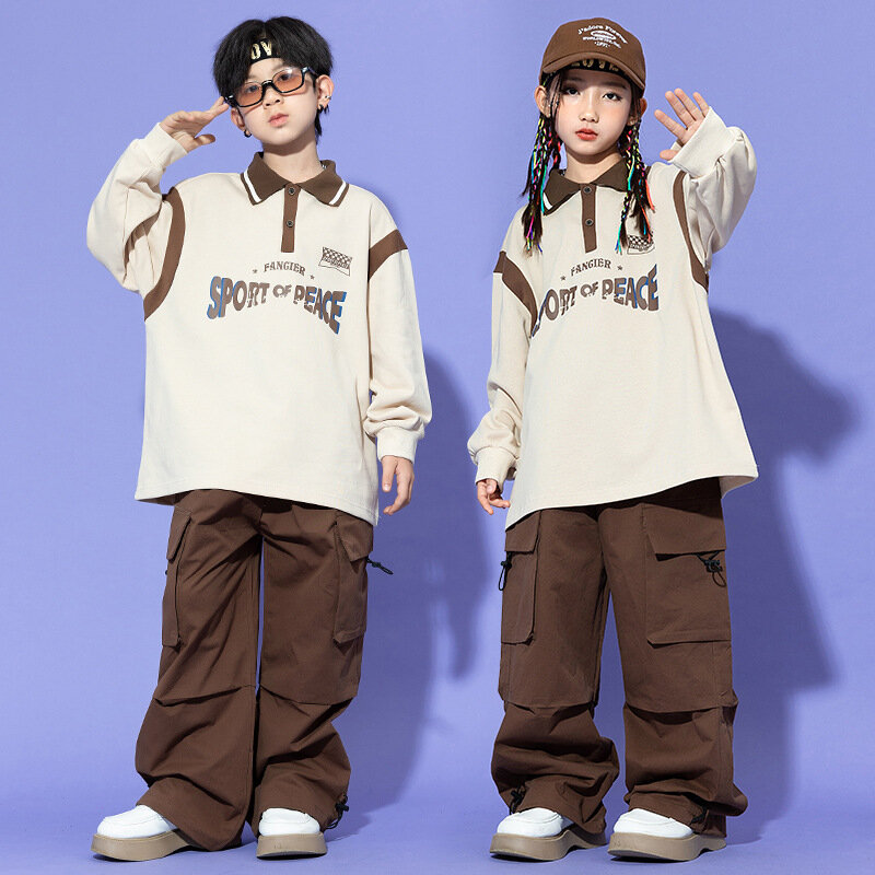 Kid Hip Hop Clothing Beige Polo Neck Sweatshirt Top Casual Wide Flap Pockets Cargo Pants for Girl Boy Jazz Dance Costume Clothes