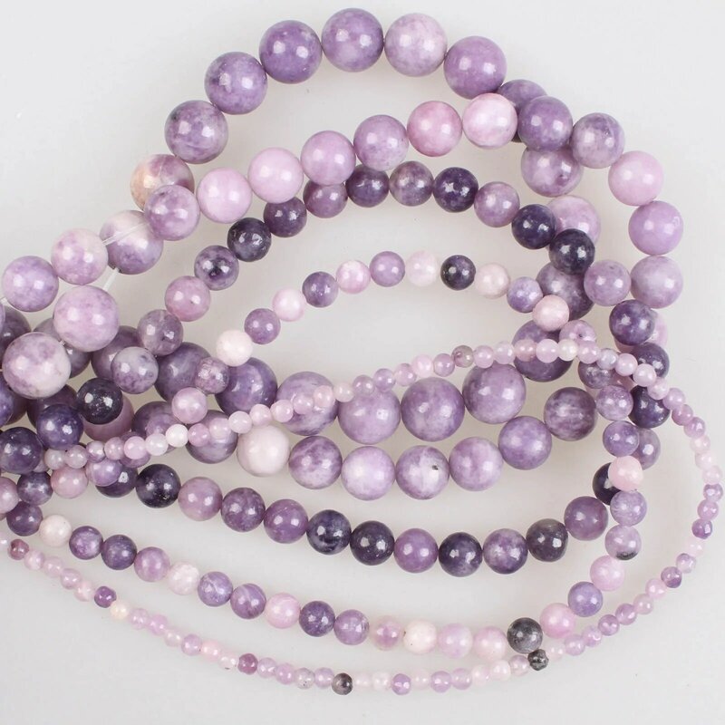 Cuentas de piedra 100% Natural para fabricación de joyas, abalorios redondos de piedra púrpura de lepidolita, 4, 6, 8, 10 y 12mm para pulseras y collares