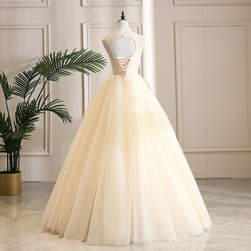 Champagne Ball Gown Prom Dress 3D Flower Appliqued Beads Glitter Evening Dress Jewel Neck Sleeveless Homecoming Robe De Mariée