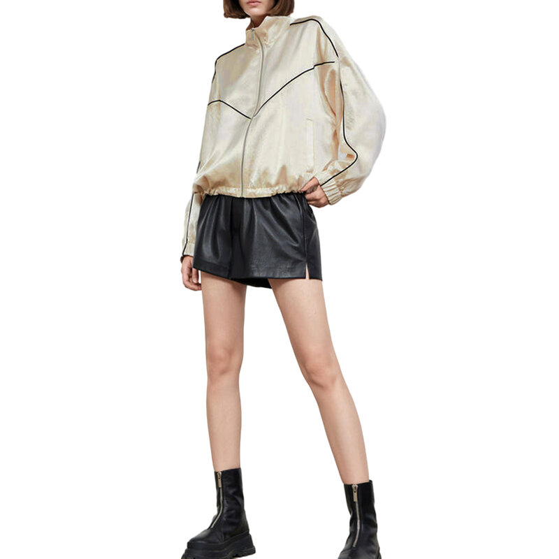 Casaco de zíper manga comprida feminino com bolsos, jaqueta leve, gola lapela, guarnição contrastante, outwear, moda outono