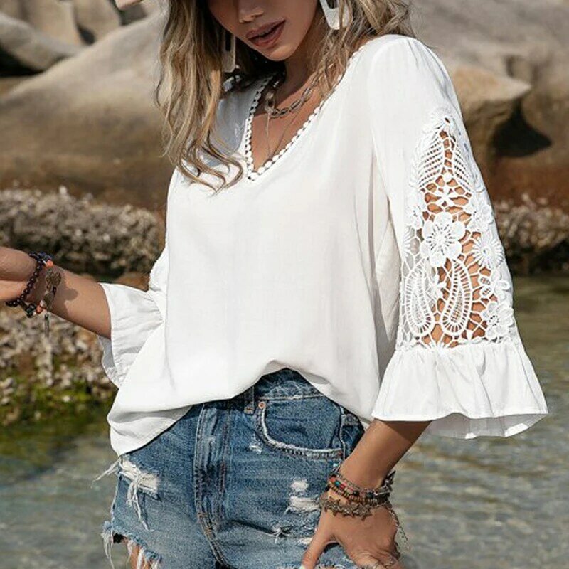 2023 Spring Summer Hollow Out Crochet Shirt V-neck White Lace Simple Blouse for Women Flare Sleeve Elegant Ladies Tops 28631