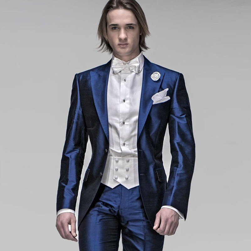 Jas Pria Satin Biru Navy Italia Berkilau Setelan Pernikahan Pria Formal Pas Badan untuk Pria Tuksedo Blazer 2 Buah (Jaket + Celana)
