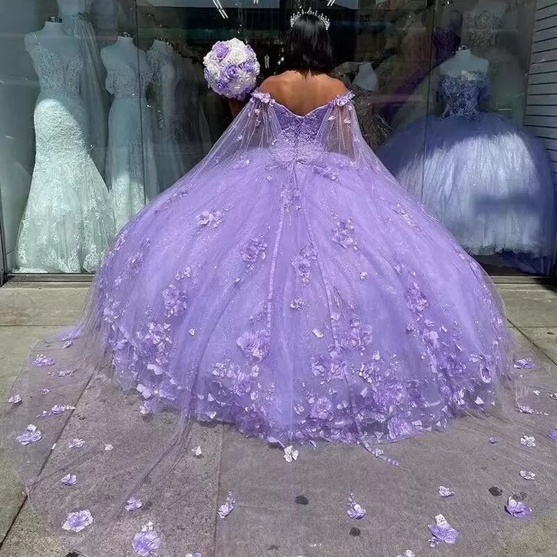 Lavendel Baljurk Quinceanera Jurken 15 Party Hoge Kwaliteit 3D Bloem Cinderella Prinses Jurken Met Wrap