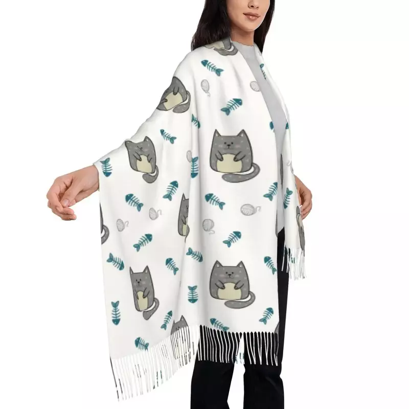 แมวสีเทากับผ้าคลุมไหล่ Pashmina ของผู้หญิงปลาผ้าคลุมไหล่พันขอบผ้าพันคอยาวขนาดใหญ่