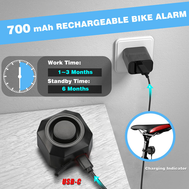 Holharm-Wireless Bike Vibration Alarme, carregamento USB, controle remoto, assaltante motocicleta, bicicleta Security Detector System, bicicleta Alarme