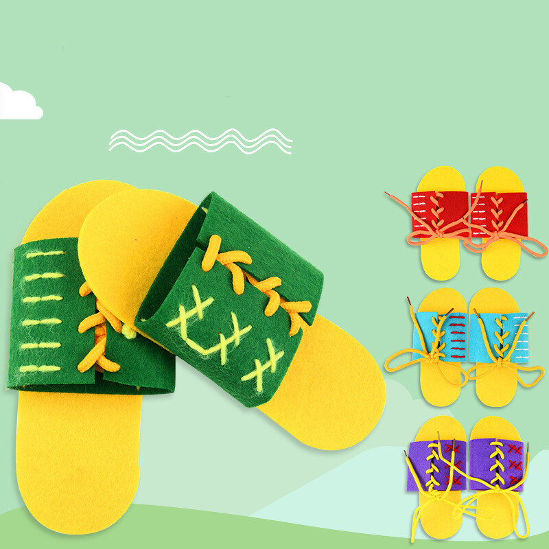 2 buah sandal buatan tangan tanpa tenunan DIY tali sepatu latihan taman kanak-kanak alat bantu mengajar buatan tangan kreatif mainan edukasi anak-anak