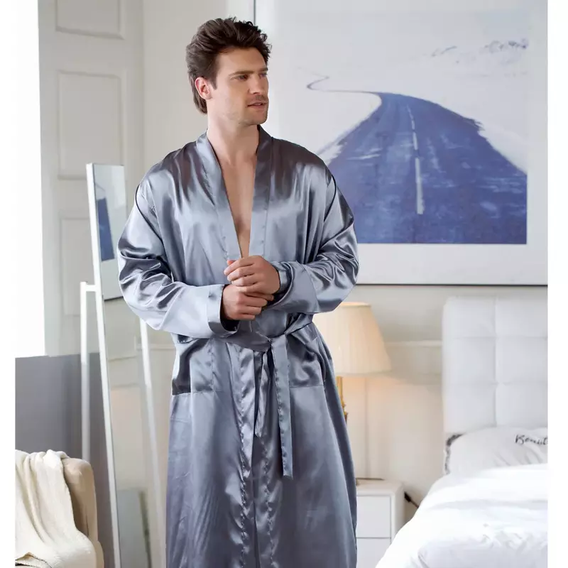 Set Jubah Lengan Panjang untuk Pria Multiwarna M-3xl Ukuran Kimono Pria Pakaian Rumah Kardigan Jubah Mandi Pria Jubah Mandi Panjang