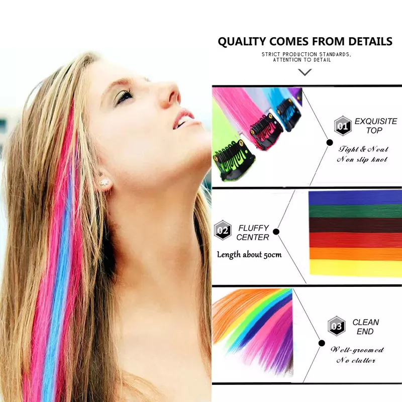40 Pak ekstensi rambut berwarna 22 inci pelangi multiwarna klip lurus dalam rambut palsu sintetis kado Cosplay sorot pesta