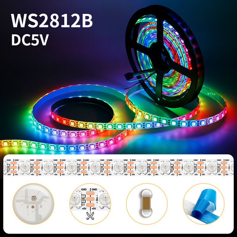 Bande lumineuse RGB LED adressable, 1 ~ 5m, WS2812B, WS2815, 5050, 30/60/74/96/144 pixels/m, WS2812 IC, bande lumineuse pour documents complets, néon programmable