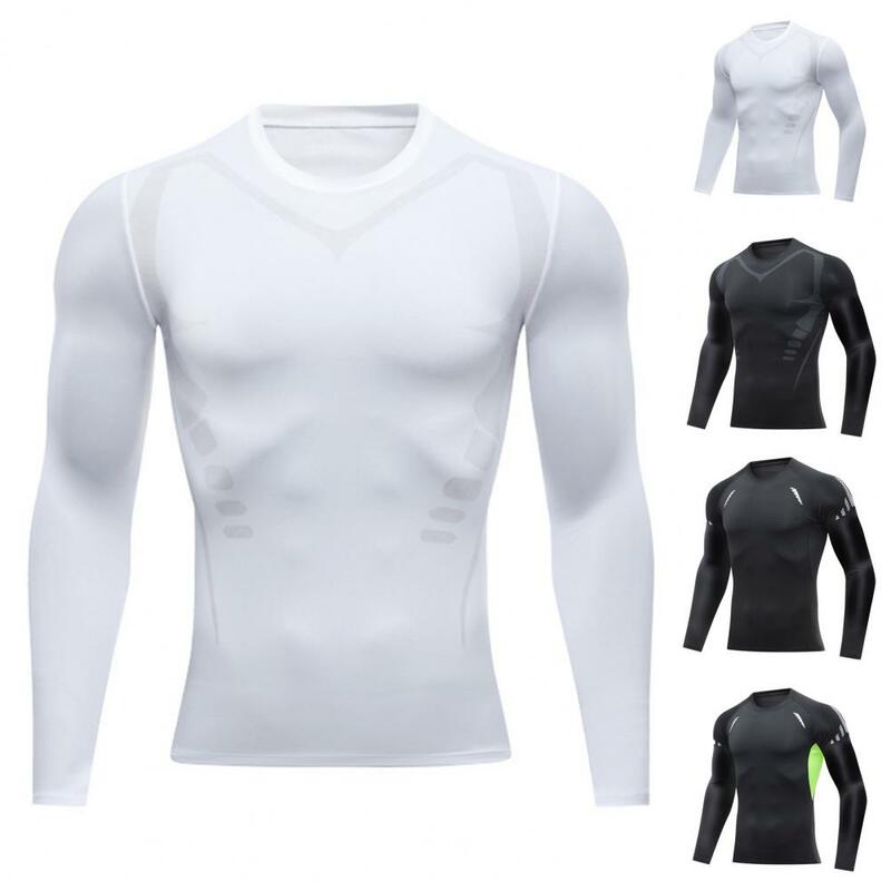 Roupa esportiva slim fit de manga comprida para homens, alta elasticidade, secagem rápida, corrida, fitness, umidade