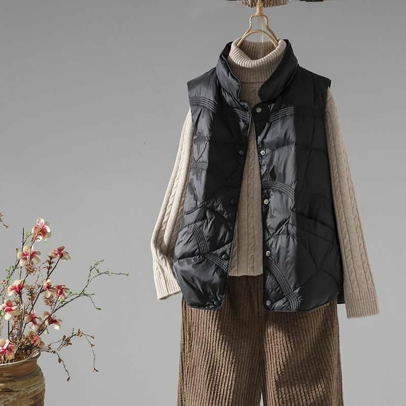 화이트 덕다운 여성 보온 다운 재킷, 올매치 버티컬 칼라, 엠보싱 조끼, 한국 스타일