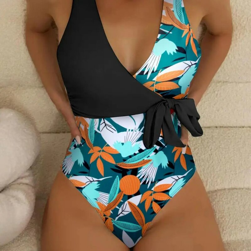 Summer Beachwear Tropical Leaf Print Women's One-piece Swimsuit Collection V-neck Monokini High Waisted Bathing Suit Backless