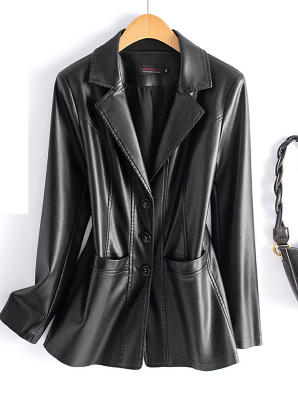 여성용 캐주얼 짧은 진짜 가죽 코트, 긴팔 커버 단추 탄성 허리 재킷, 패션 양가죽 재킷, 2024 신상
