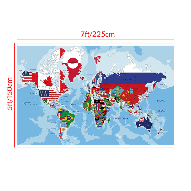 150x225cm nietkana duża mapa świata z flagi państwowe do dekoracji ścian szkoły biurowej plakat z mapą świata malowania