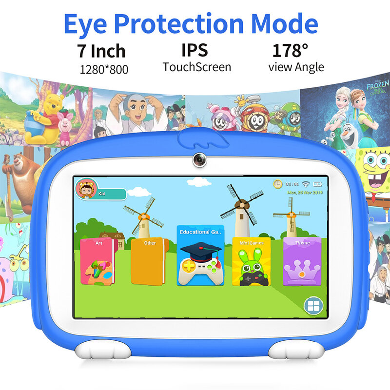 어린이 만화 태블릿 학습 교육 게임 태블릿, 쿼드 코어, 4GB RAM, 64GB ROM, 듀얼 카메라, 어린이 선물, 7 인치, 신제품
