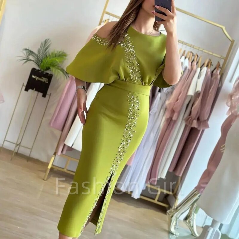 Classic Green Prom Dresses For Women O-Neck Beaded Ruched Side Slit Cocktail Party Half Sleeves Dress Evening Gowns Robes