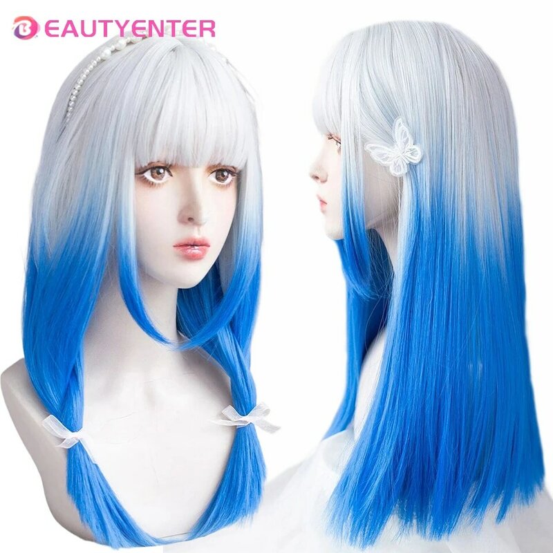 BEAUTYATE-perucas retas longas azuis com franja para mulheres, Lolita Cosplay, cabelo sintético, cabelo natural, peruca de festa, duas cores