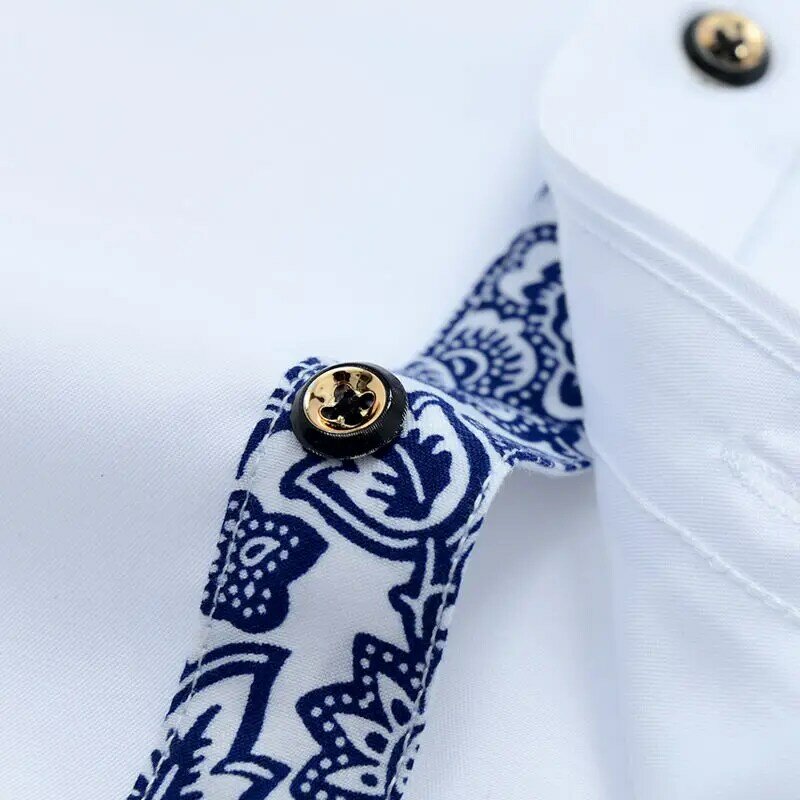 Camisa de cuello de porcelana azul y blanca para hombre, camisa de manga larga coreana, ajustada, informal, de negocios, de algodón, Color sólido