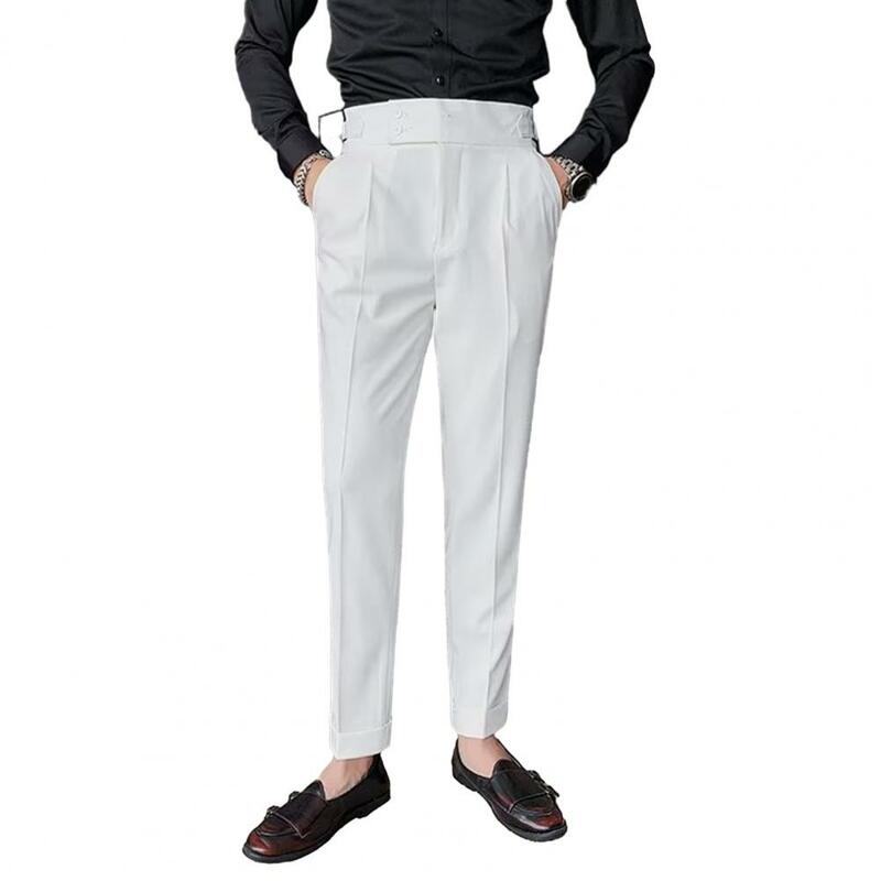 กางเกงผู้ชายกางเกงชุดทำงานทางการผู้ชายที่สง่างามขาตรงเอวสูงมีกระเป๋าวินเทจสำหรับใส่ไปทำงาน