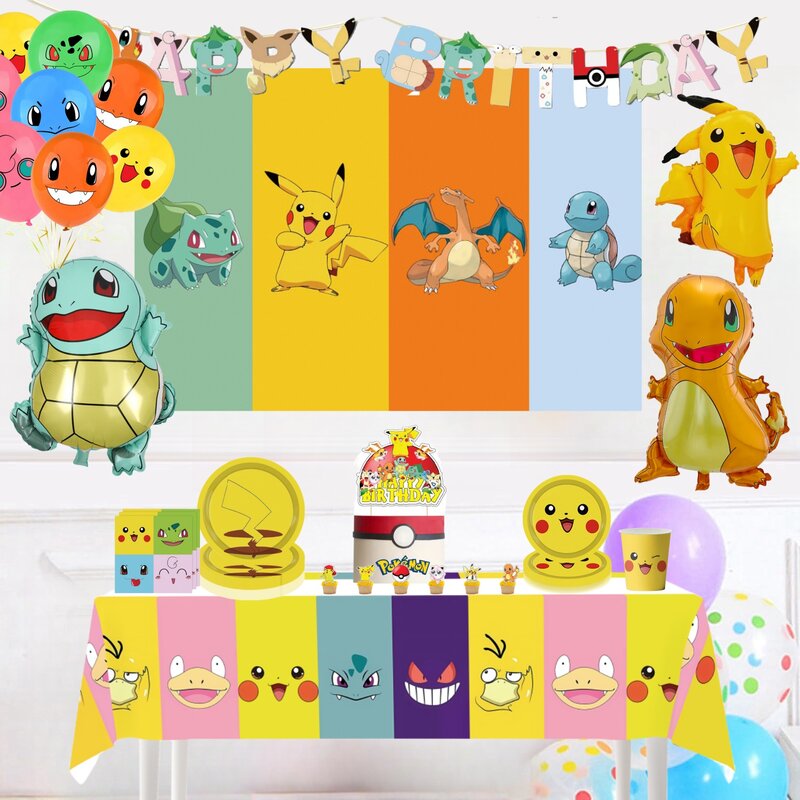 Decoración de cumpleaños de Pokémon, vajilla desechable de Pikachu, platos, tazas, globo Squirtle Bulbasaur, suministros para fiesta de bienvenida para el futuro bebé para niños