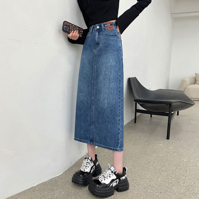 Женская джинсовая юбка средней длины, винтажная юбка средней длины с высокой талией и открытыми бедрами, лето 2024