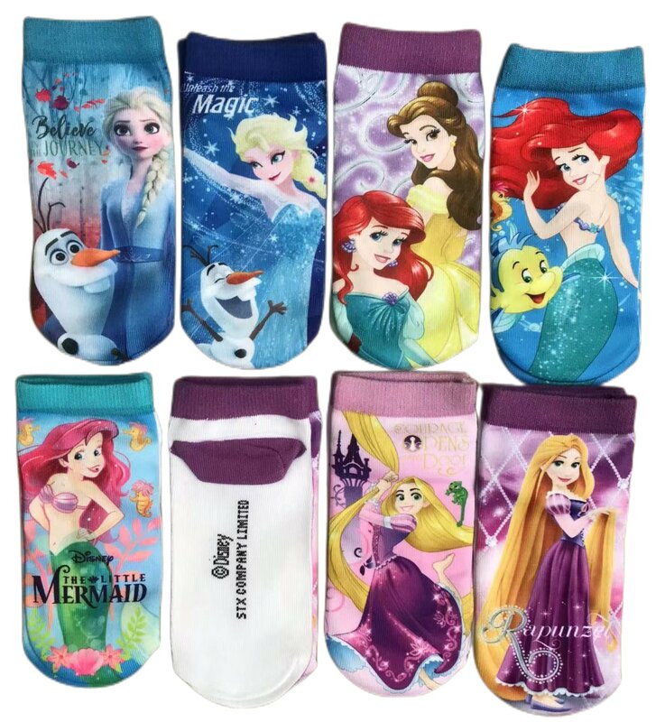 Chaussettes princesse Elsa, Anna, sirène, poivre, imprimé, en coton, pour enfant, 3-10T, 4 paires/lot