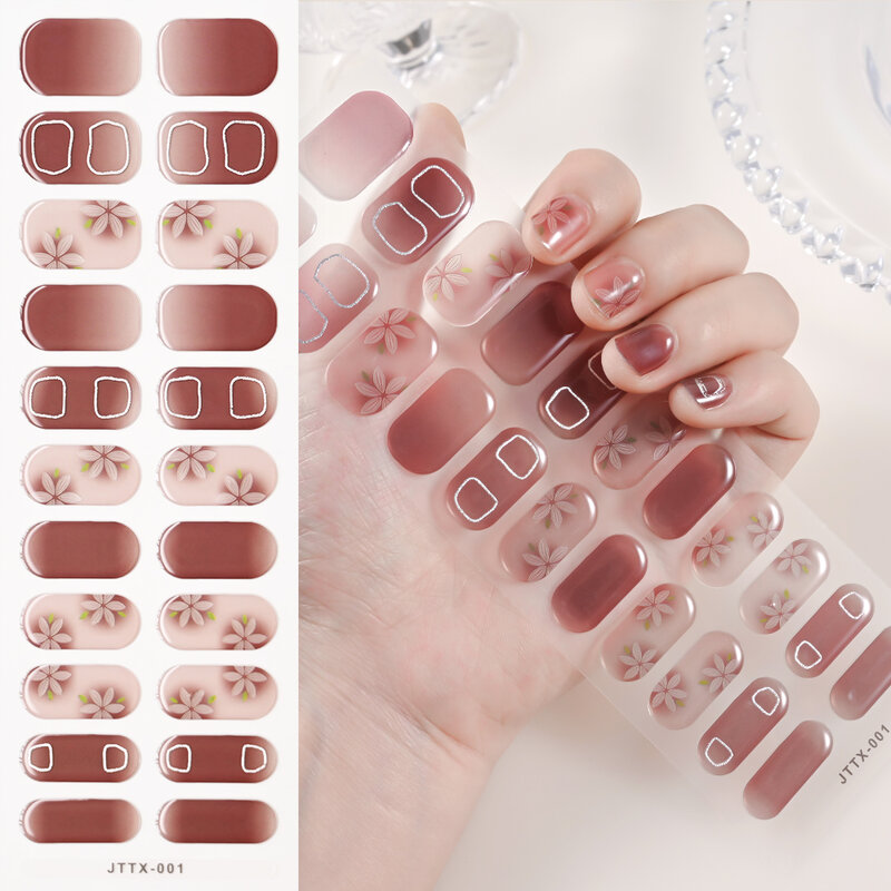 16/22Tips Semi-Cured Gel Nail Strips Long Lasting Gel Wraps for Nails UV Lamp Cured DIY Nail Sticker for Salon Manicure Decals
