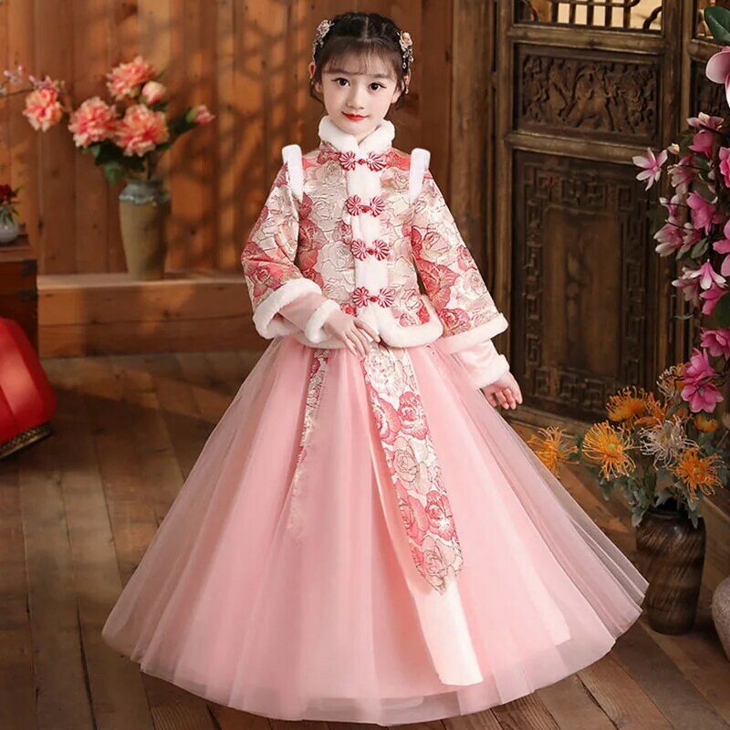 Vestido de Hanfu Vintage para niñas, fotografía de niños, vestido de Navidad Retro, disfraz de Año Nuevo, Cosplay, Otoño e Invierno
