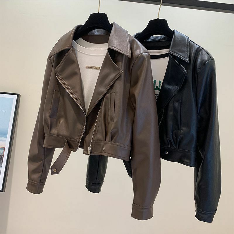 Veste de moto en cuir PU pour femme, col rabattable, manteau court, coréen, décontracté, Pi, printemps, automne, nouveau, Y-2024