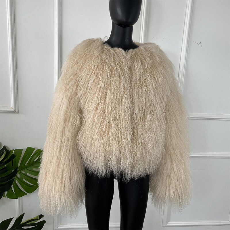 本物の羊の毛皮のコート,女性のための大きなラペル,短いラムファージャケット,冬のアウターウェア