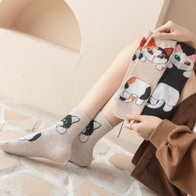 Skarpety artystyczny kot Kawaii koreański styl skarpety bawełniane, w stylu Harajuku średniej podkolanówki damskie pończosznicze zwierzęta skarpetki pary