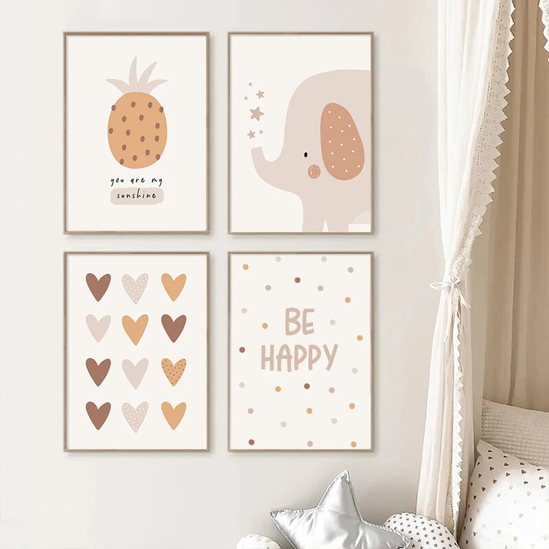 Boho Cartoon Elephant Heart Nursery Poster Print, Pintura em tela, Wall Art Picture, Kids' Room, Baby Girls Bedroom, Home Decor