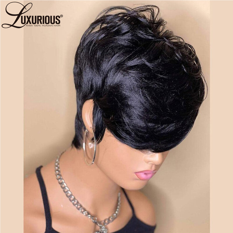 Straight Short  Full Machine Made Wigs For Black Women Pre Plucked Pixie Cut Wig With Bangs Brazilian Virgin Remy Human Hair Wig