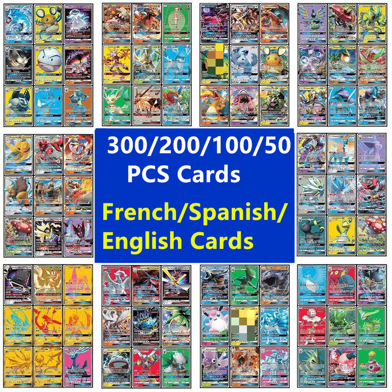 Cartes pokemon françaises et anglaises, lot de 5 à 300 pièces, allemand, italien, francpoker, espagnol, avec 300 G x 360 V Max VMAX 100 Tag Team