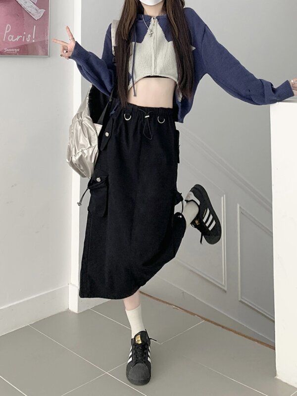 Vintage Y2k Pocket Workwear Skirt Women Spring Harajuku High Waist Split Hip Long Skirt Aesthetics American Style Cyber Punk