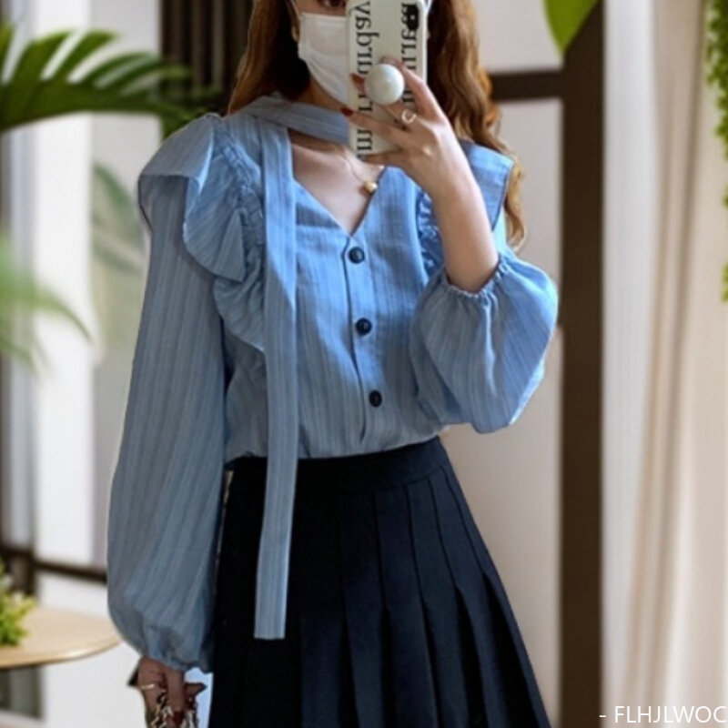 Penjualan laris atasan blus blus berkerut dasi kupu-kupu 2024 kaus motif garis-garis untuk wanita kantor baju Mode Korea gadis manis lucu