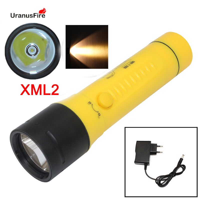 XM L2 LED 다이빙 손전등 토치, 방수 수중 100m, 3*18650 배터리, DC 충전식 다이브, 화이트, 옐로우 라이트 램프