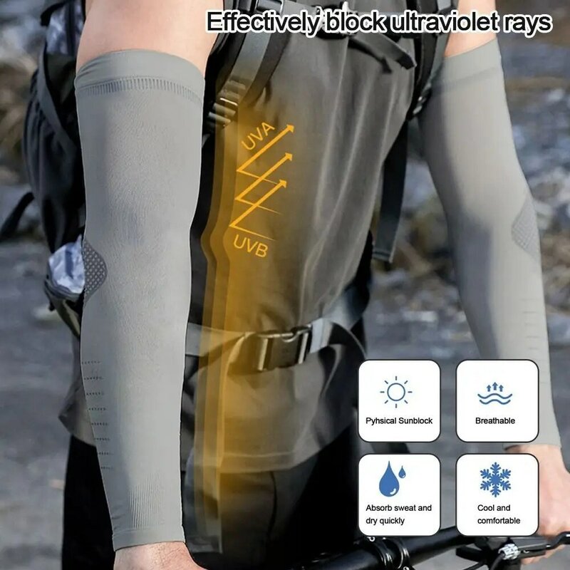 ปลอกแขนกันแดดผ้าไอซ์ซิลค์ดูดซับเหงื่อแห้งเร็วสำหรับผู้ชายอุปกรณ์ป้องกันแขนผ้ายืดระบายอากาศได้ดี2ชิ้น